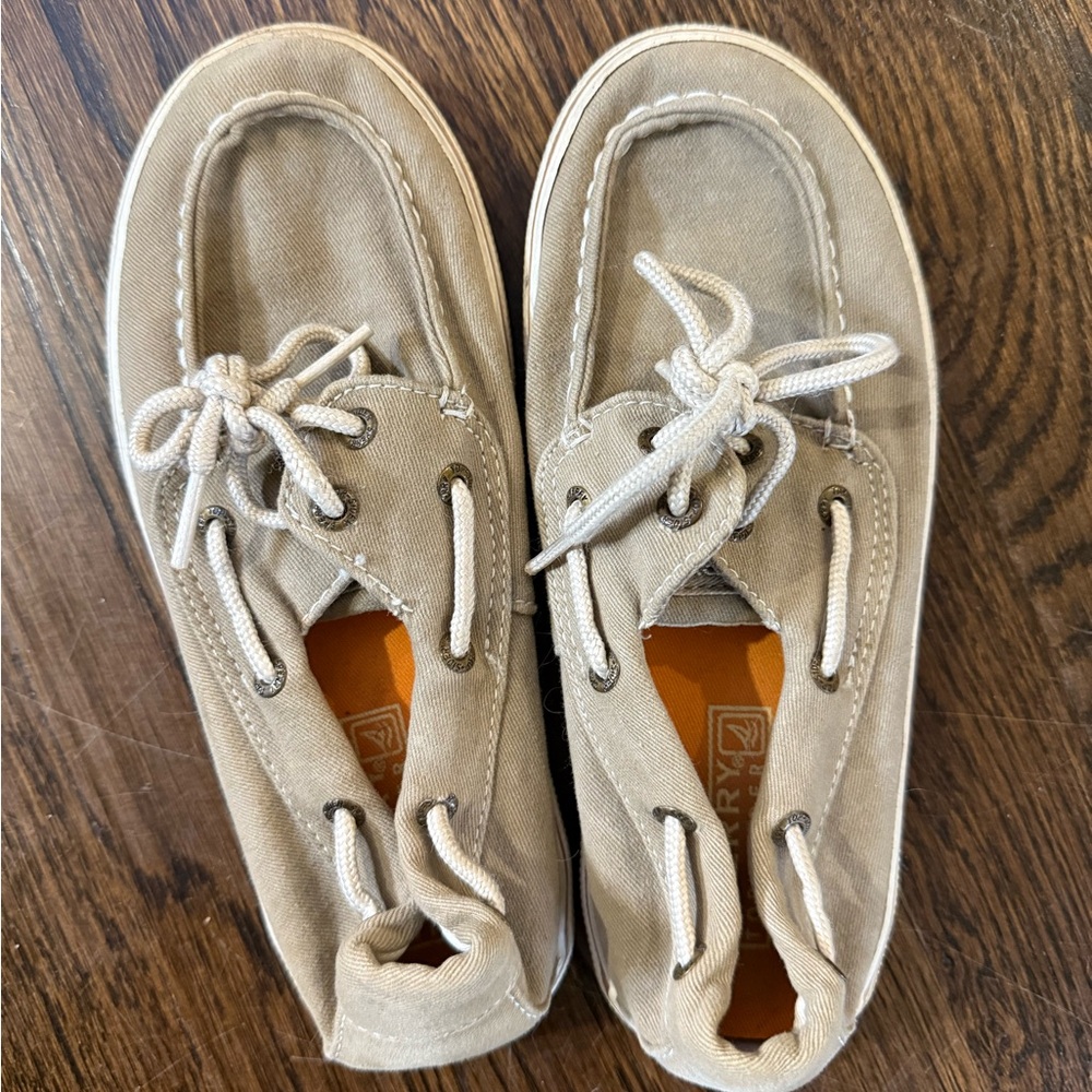 Sperry Top-Sider Halyard Tan Khaki Canvas Boys Boat Deck Shoes Size 2 Kids